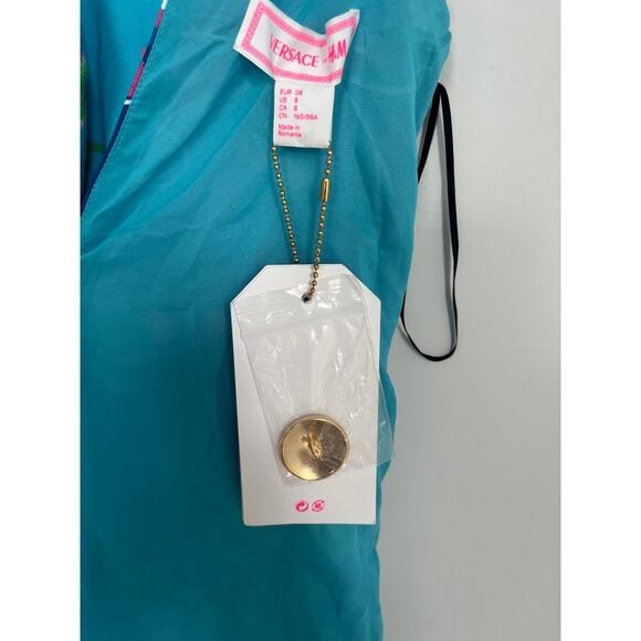 Versace H&M Dress Womens 8 Blue Multicolor Floral Print Pleated Mini - Picture 3 of 7